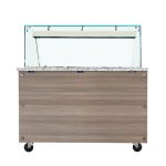 SNACK-Line Bain-Marie Theke 4x GN1/1, Granit rosa-grau, 153x82x85,5 Glasaufbau Klarglas mit Zwischenablage, H=496mm