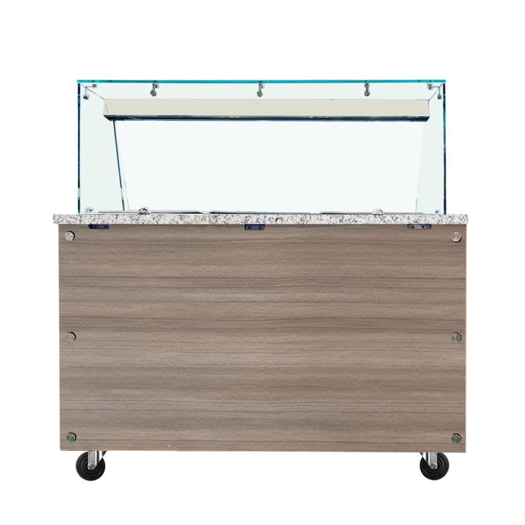 SNACK-Line Bain-Marie Theke 4x GN1/1, Granit rosa-grau, 153x82x85,5 Glasaufbau Klarglas ohne Zwischenablage, H=396mm
