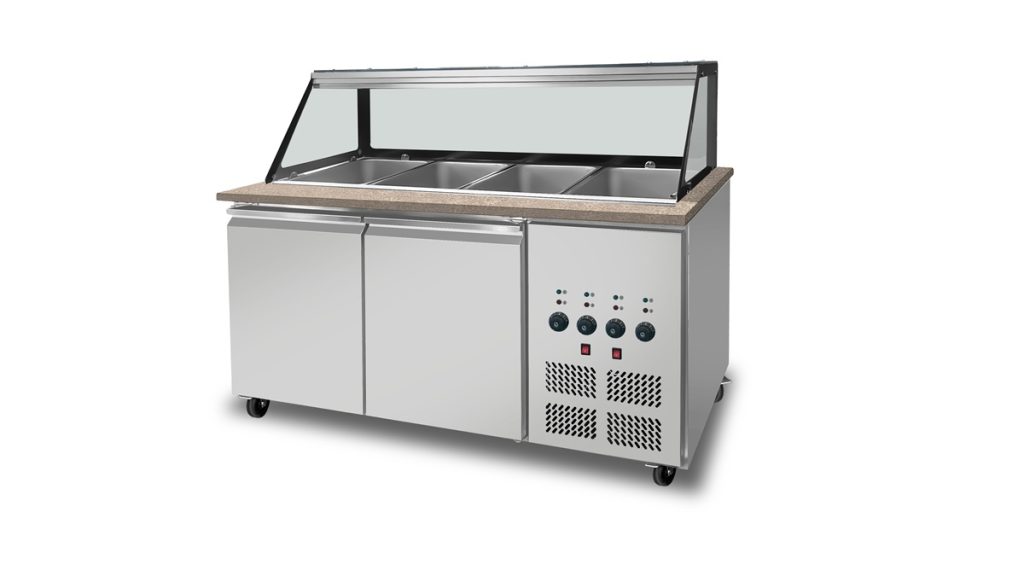 SNACK-Line Bain-Marie Theke 4x GN1/1, Granit rosa-grau, 153x82x85,5 Glasaufbau Klarglas schwarzer Rand, ohne Zwischenablage, H=396mm