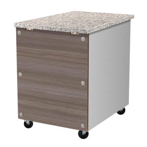 Kassentisch aus Edelstahl, Granit rosa-grau, mit Holzverkleidung, 80 x 82