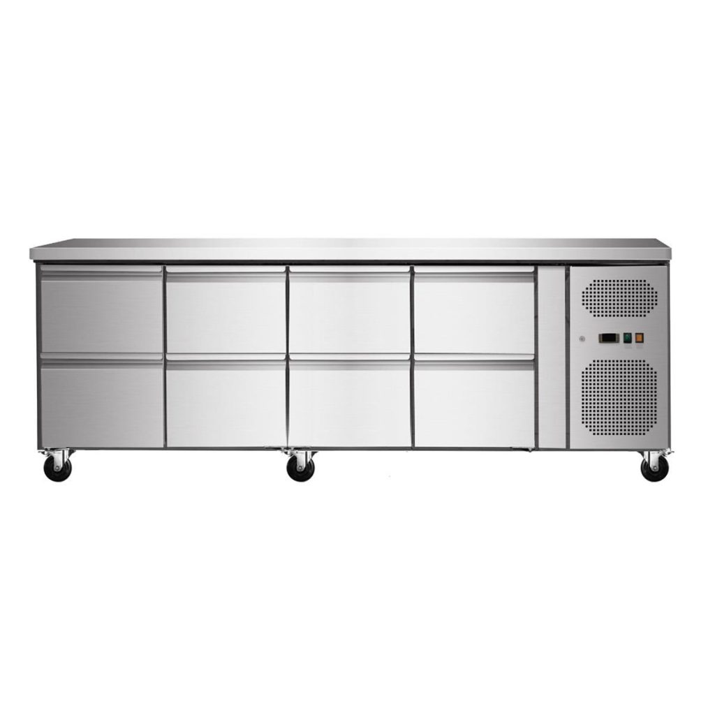 Tavolo refrigerato con 8 cassetti, ventilato, 223×70