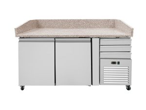 Pizza Kühltisch PRO, Granit Grau-Rosa, 2 Türen + 3 Schubladen, 160 x 80 Kühlaufsatz GN1/4 mit Glas