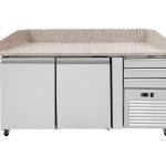 Pizza Kühltisch PRO, Granit Grau-Rosa, 2 Türen + 3 Schubladen, 160 x 80 Kühlaufsatz GN1/3 mit Glas