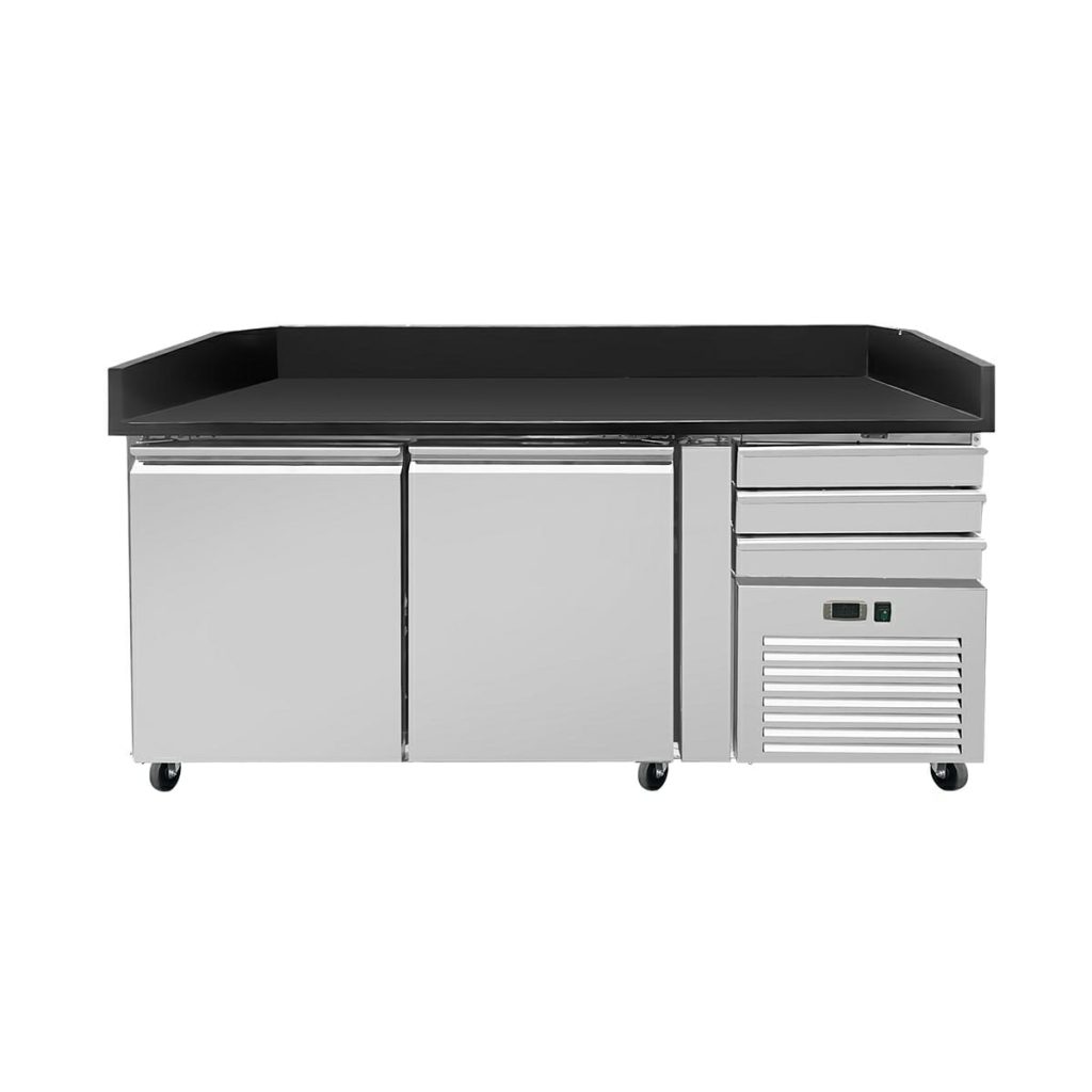 Pizza Kühltisch PRO, Granit Star Galaxy schwarz, 2 Türen + 3 Schubladen, 160 x 80 Kühlaufsatz GN1/3 mit Glas