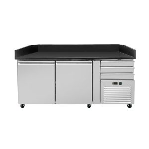 Pizza Kühltisch PRO, Granit Star Galaxy schwarz, 2 Türen + 3 Schubladen, 160 x 80 Kühlaufsatz GN1/3 mit Edelstahldeckel