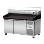 Pizza Kühltisch, Granit Star Galaxy schwarz, 2 Türen, 151 x 80 Kühlaufsatz GN1/3 mit Glas