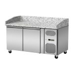 Tavolo pizza refrigerato, granito rosa-grigio, 2 porte, 151 x 80, sovrastruttura refrigerata GN1/4 con vetro