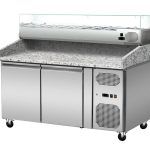 Pizza Kühltisch, Granit rosa-grau, 2 Türen, 151 x 80 Kühlaufsatz GN1/3 mit Glas