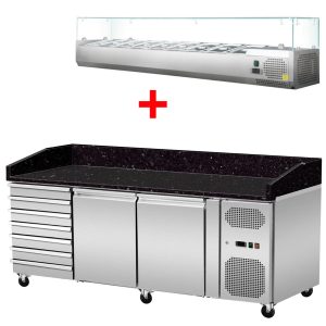 Tavolo pizza refrigerato, granito Star Galaxy nero, 2 porte 7 cassetti non refrigerati, 203 x 80, sovrastruttura refrigerata GN1/4 con vetro