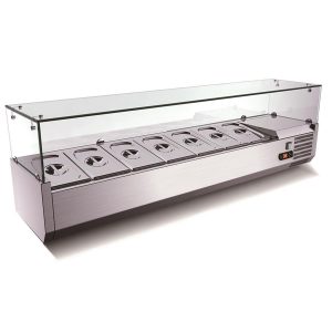 Pizza Kühltisch, Granit Star Galaxy schwarz, 2 Türen 7 ungek. Schubladen, 203 x 80 Kühlaufsatz GN1/3 mit Glas