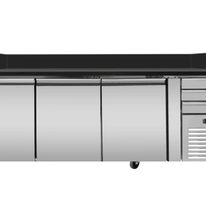 Tavolo pizza refrigerato PRO, granito Star Galaxy nero, 3 porte + 3 cassetti, 200 x 80, sovrastruttura refrigerata GN1/4 con coperchio in acciaio inox