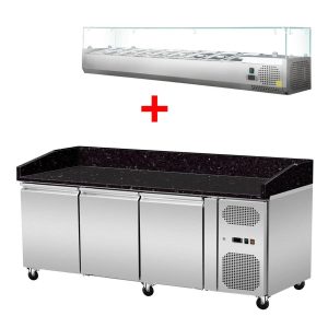 Pizza Kühltisch, Granit Star Galaxy schwarz, 3 Türen, 203 x 80 Kühlaufsatz GN1/3 mit Glas