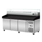 Pizza Kühltisch, Granit Star Galaxy schwarz, 3 Türen, 203 x 80 Kühlaufsatz GN1/3 mit Glas