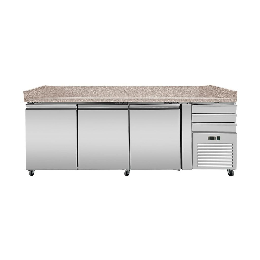 Pizza Kühltisch PRO, Granit rosa-grau, 3 Türen + 3 Schubladen, 210×80