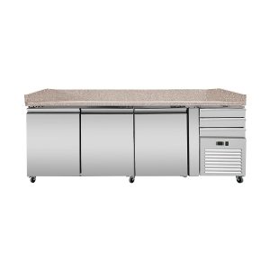 Pizza Kühltisch PRO, Granit rosa-grau, 3 Türen + 3 Schubladen, 210×80