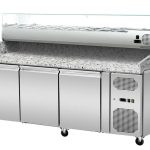 Pizza Kühltisch, Granit rosa-grau, 3 Türen, 203 x 80 Kühlaufsatz GN1/3 mit Glas