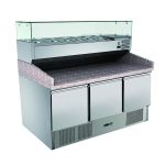 Pizzatisch 3 Türen, mit Unterbaukühlung, 140 x 70 Kühlaufsatz GN1/3 mit Glas
