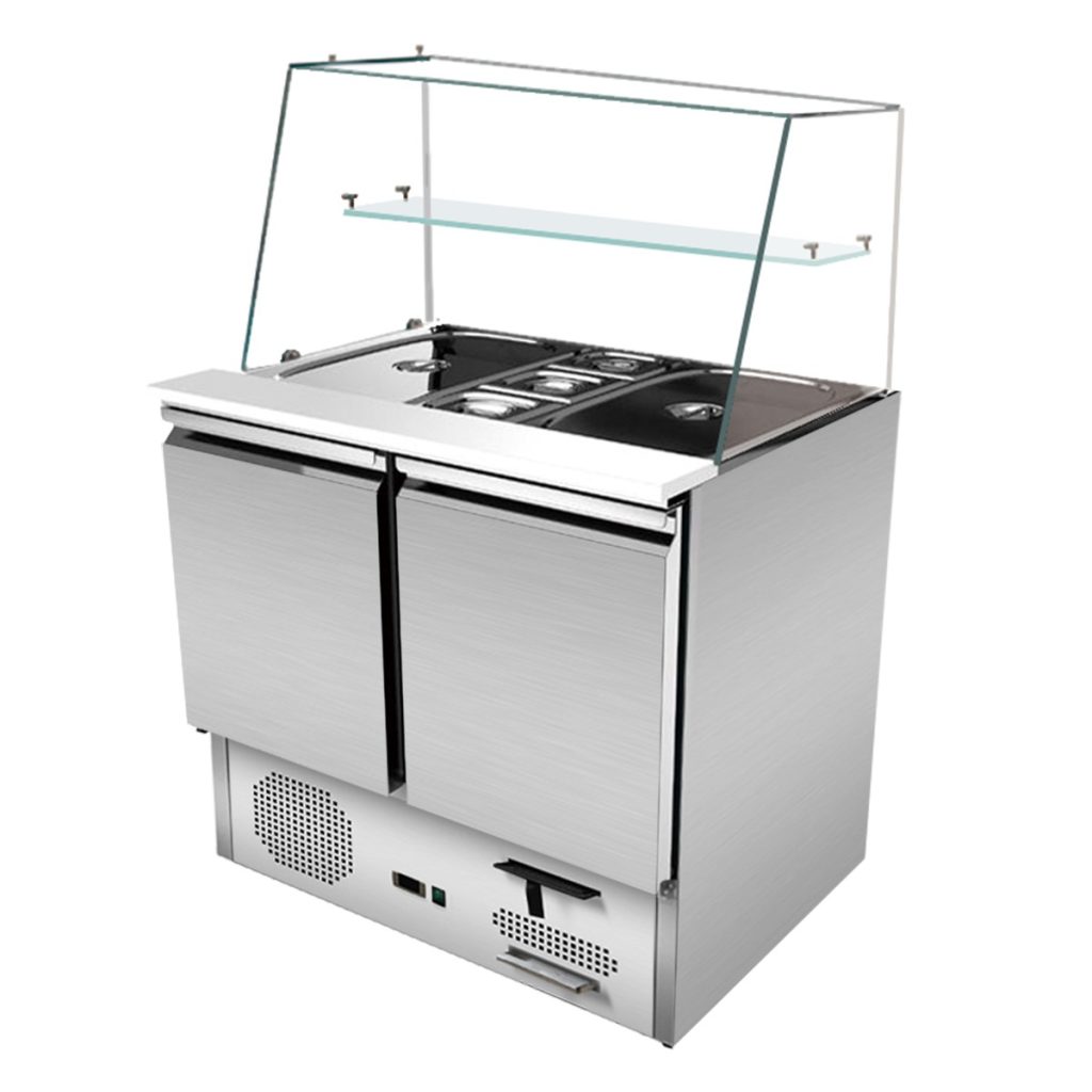 Saladette 2 porte, 90 x 70, sovrastruttura in vetro dritta, vetro trasparente