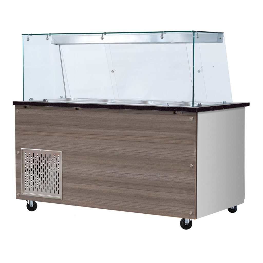 SNACK-Line, Kalte Theke, 4x GN1/1, Granit Star Galaxy schwarz, 153x82x85.5 Glasaufbau Klarglas mit Zwischenablage, H=496mm