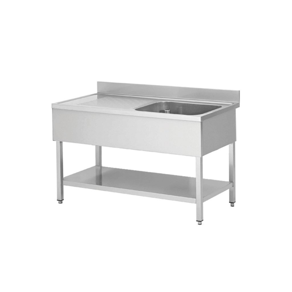 Tavolo lavello in acciaio inox, una vasca a destra, 100 x 60