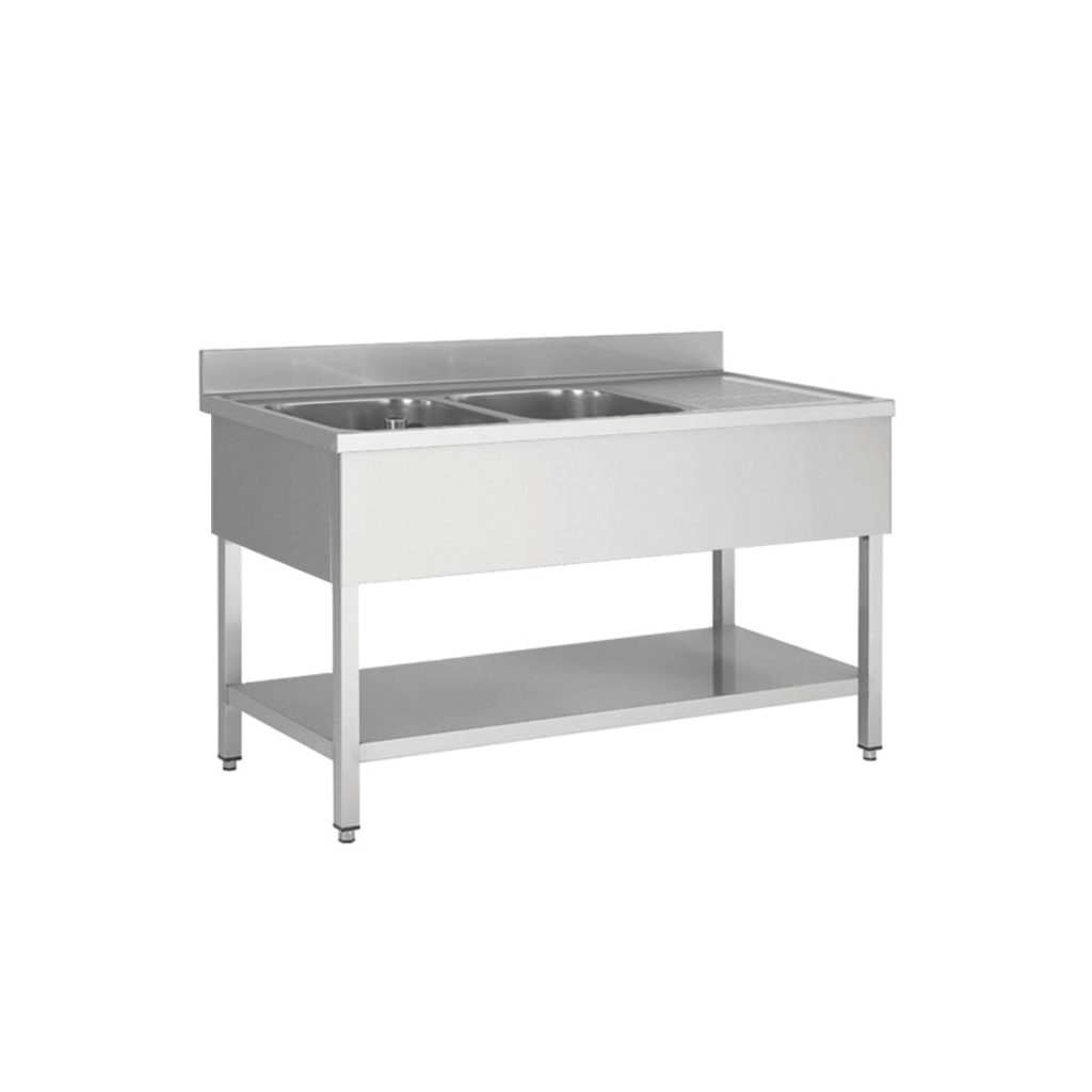 Tavolo lavello in acciaio inox, due vasche a sinistra, 140 x 70