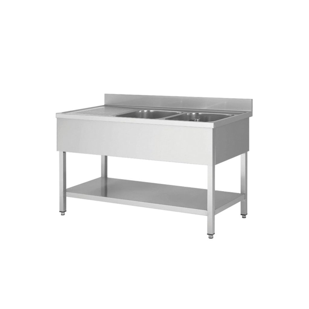 Tavolo lavello in acciaio inox, due vasche a destra, 180 x 70