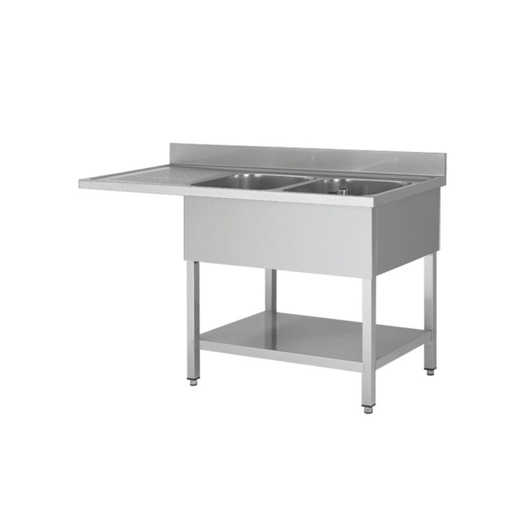 Centro lavaggio in acciaio inox, due vasche a destra, 180 x 70