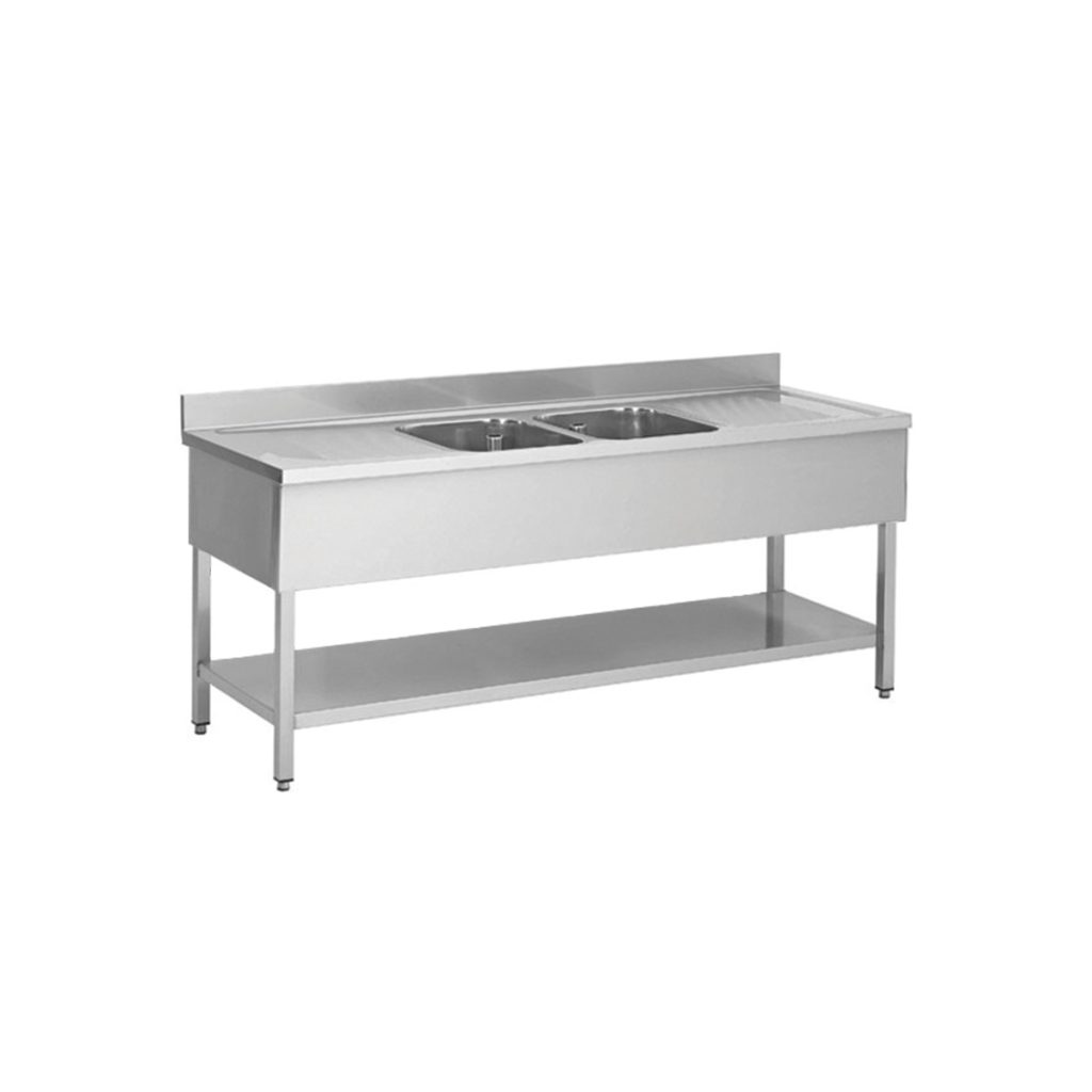 Tavolo lavello in acciaio inox, due vasche al centro, 200 x 60