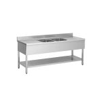 Tavolo lavello in acciaio inox, due vasche al centro, 200 x 60