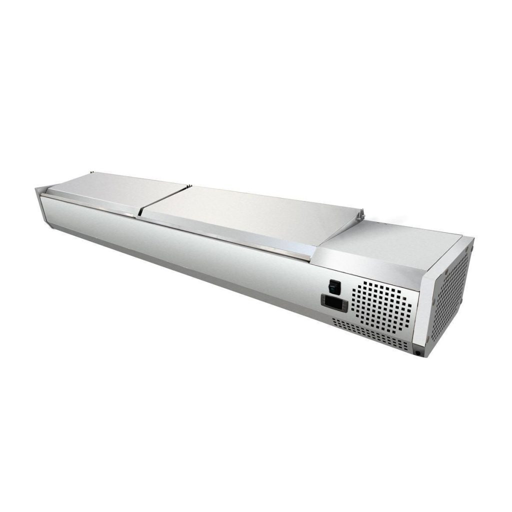 Vetrina refrigerata a giorno GN 1/4, 200 x 34, coperchio in acciaio inox