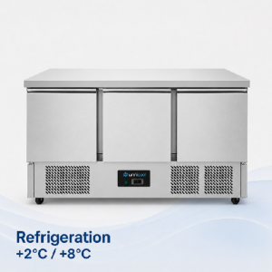 Refrigerated & Freezer tables | Refrigerated Workbench | 3 Doors (1/1 GN) | +2°C / +8°C | 137x70x85(h) cm