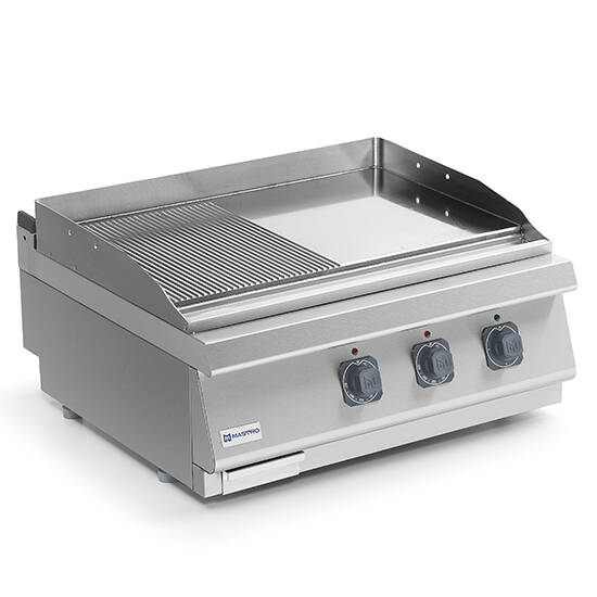 Fry-top elettrico da banco, piastra 1/2 liscia e 1/2 rigata cromata