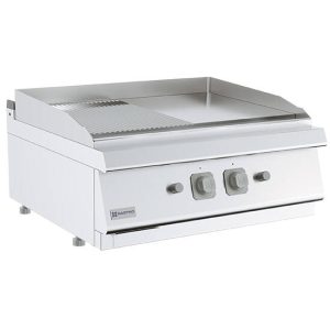 Fry-top a gas da banco, piastra 1/2 liscia e 1/2 rigata cromata