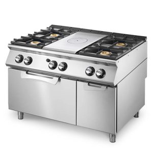 Tuttapiastra gas su forno a gas statico GN 2/1 e vano chiuso + 4 bruciatori