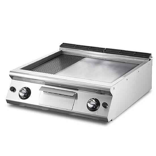 Fry-top gas versione top, 1/3 rigata e 2/3 piastra liscia cromata