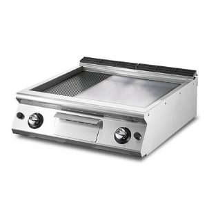 Fry-top gas versione top, 1/3 rigata e 2/3 piastra liscia cromata