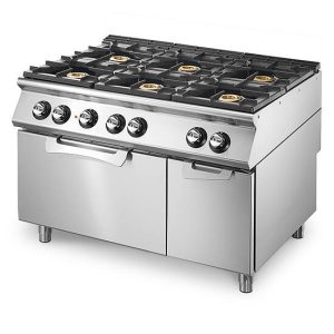 Cucina a gas su forno elettrico statico GN 2/1 e vano chiuso, 6 bruciatori
