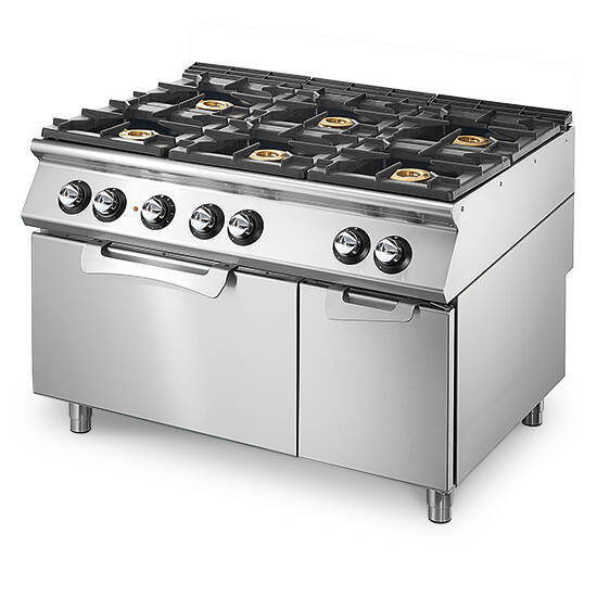 Cucina a gas su forno elettrico statico GN 2/1 e vano chiuso, 6 bruciatori