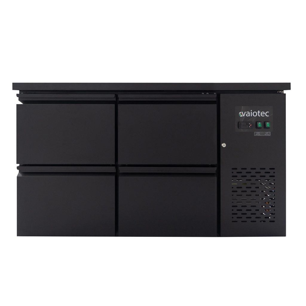 Barkühltisch schwarz / 4 Schubladen – 280 l, 1465 x 520 mm