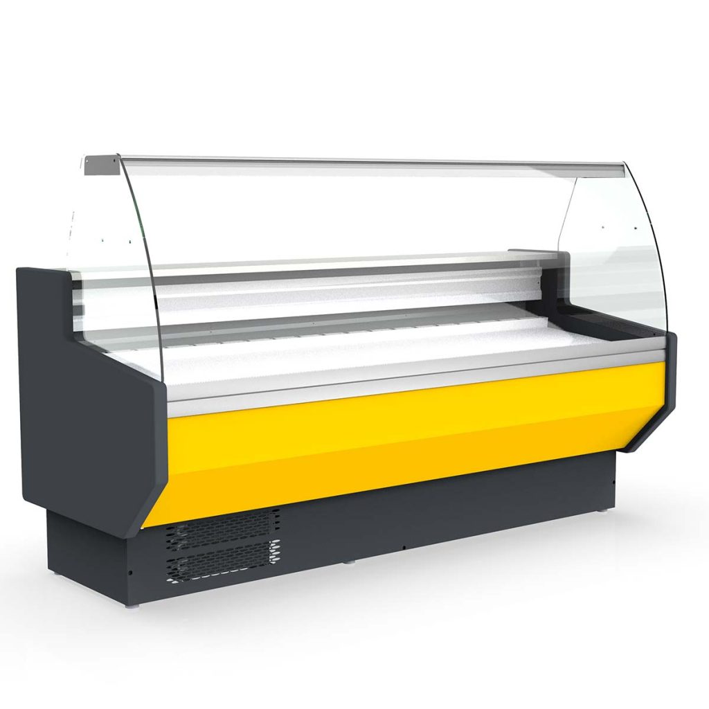 TOPLINE Kühltheke 200 – gebogenes Frontglas “gelb”, 1985 x 800 mm