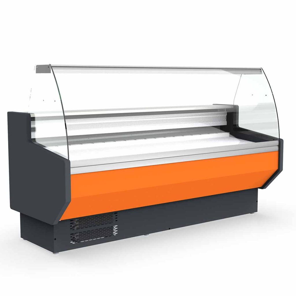 TOPLINE Kühltheke 100 – gebogenes Frontglas “orange”, 1025 x 800 mm