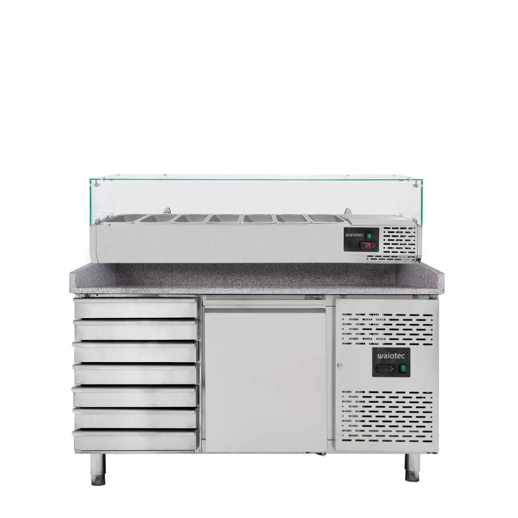 Pizzakühltisch / 1-türig & 7 Schubladen “grau” inkl. Kühlaufsatz GN1/4, 1510 x 800 mm