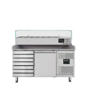 Pizzakühltisch / 1-türig & 7 Schubladen “grau” inkl. Kühlaufsatz GN1/4, 1510 x 800 mm
