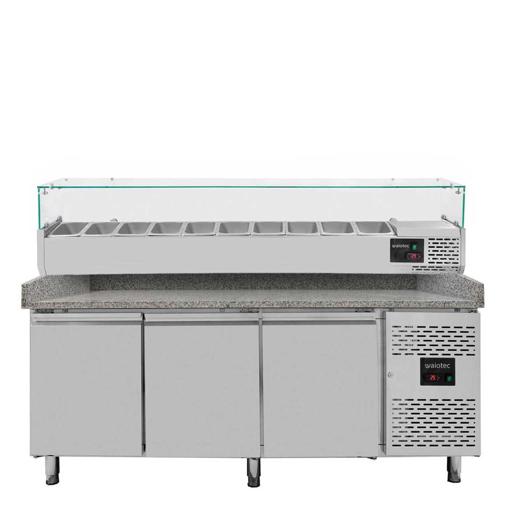 Pizzakühltisch / 3-türig “grau” inkl. Kühlaufsatz GN1/4, 2020 x 800 mm