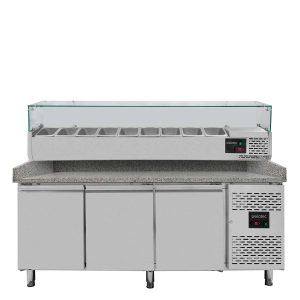 Pizzakühltisch / 3-türig “grau” inkl. Kühlaufsatz GN1/3, 2020 x 800 mm
