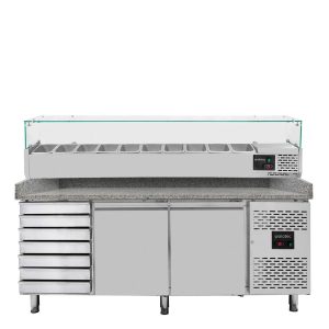 Pizzakühltisch / 2-türig & 7 Schubladen “grau” inkl. Kühlaufsatz GN1/4, 2020 x 800 mm