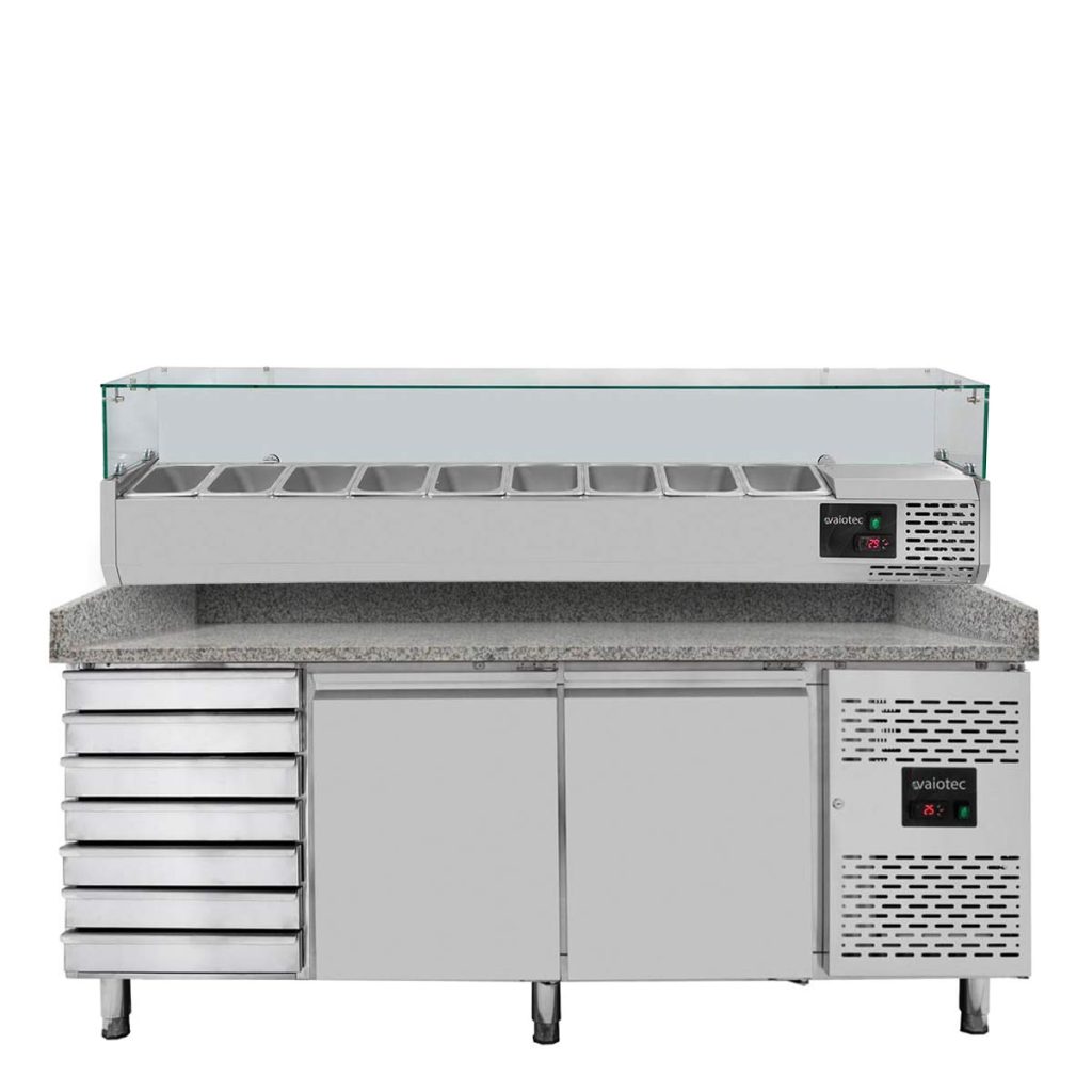 Pizzakühltisch / 2-türig & 7 Schubladen “grau” inkl. Kühlaufsatz GN1/3, 2020 x 800 mm