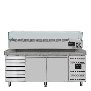 Pizzakühltisch / 2-türig & 7 Schubladen “grau” inkl. Kühlaufsatz GN1/3, 2020 x 800 mm