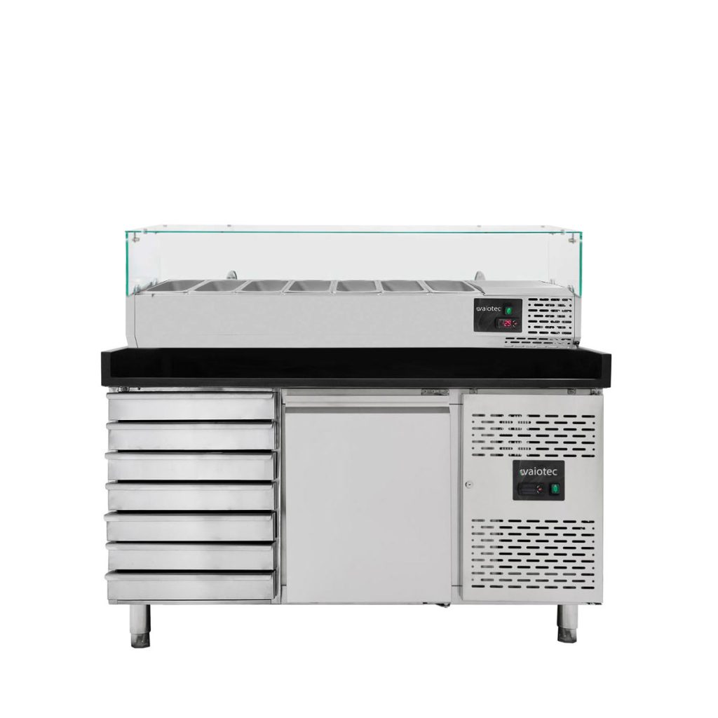 Pizzakühltisch / 1-türig & 7 Schubladen “schwarz” inkl. Kühlaufsatz GN1/4, 1510 x 800 mm