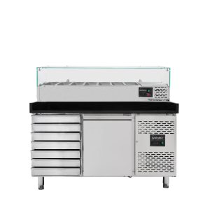 Pizzakühltisch / 1-türig & 7 Schubladen “schwarz” inkl. Kühlaufsatz GN1/4, 1510 x 800 mm